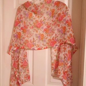 Flower scarf large pink orange beautiful,  bathing suit cover up vintage